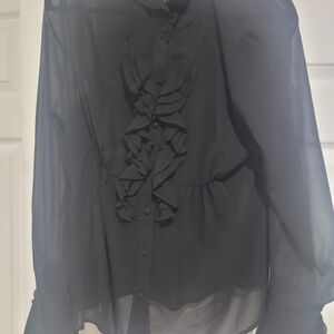 Wdny sheer black long sleeve Ruffle front blouse